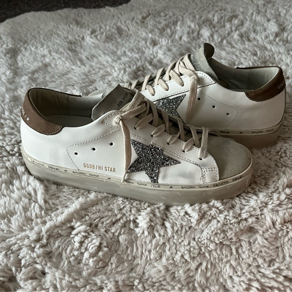 Golden Goose White and Brown Sneakers with Silver Star